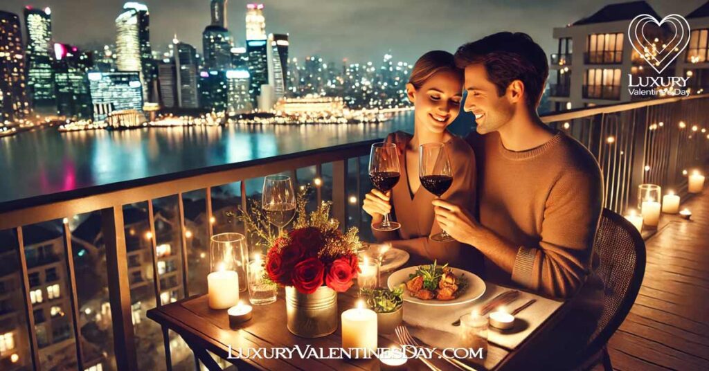 Create Unforgettable Memories Valentine's Day : Couple enjoying a candlelit dinner on a balcony with a city skyline view during a Valentine's Day getaway | Luxury Valentine's Day