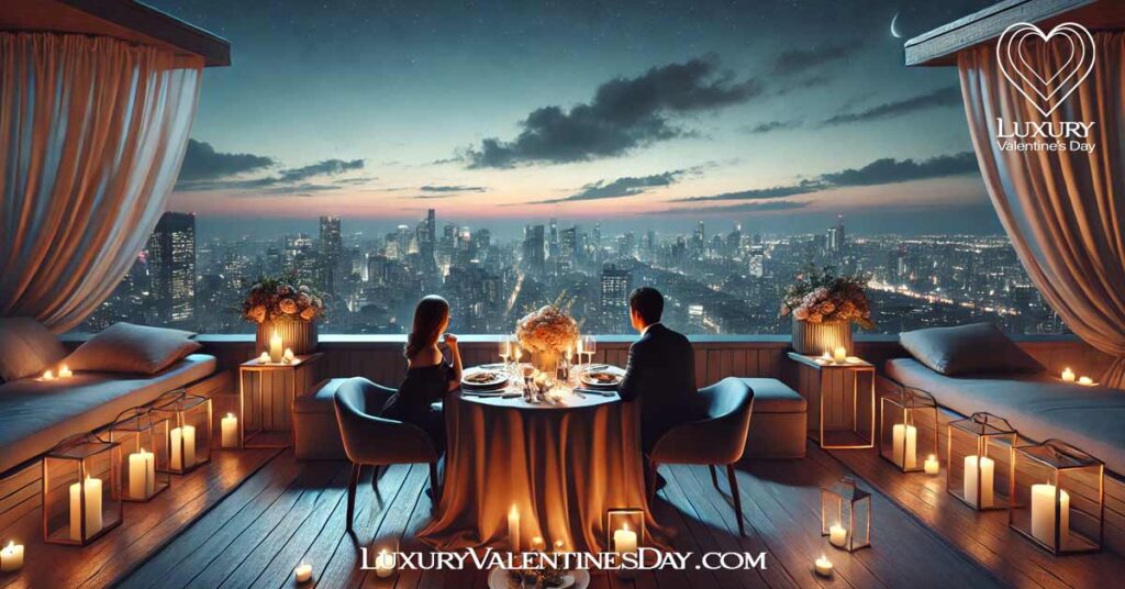 Creating Unforgettable Valentine's Day : Private rooftop dinner overlooking a city skyline at twilight | Luxury Valentine's Day