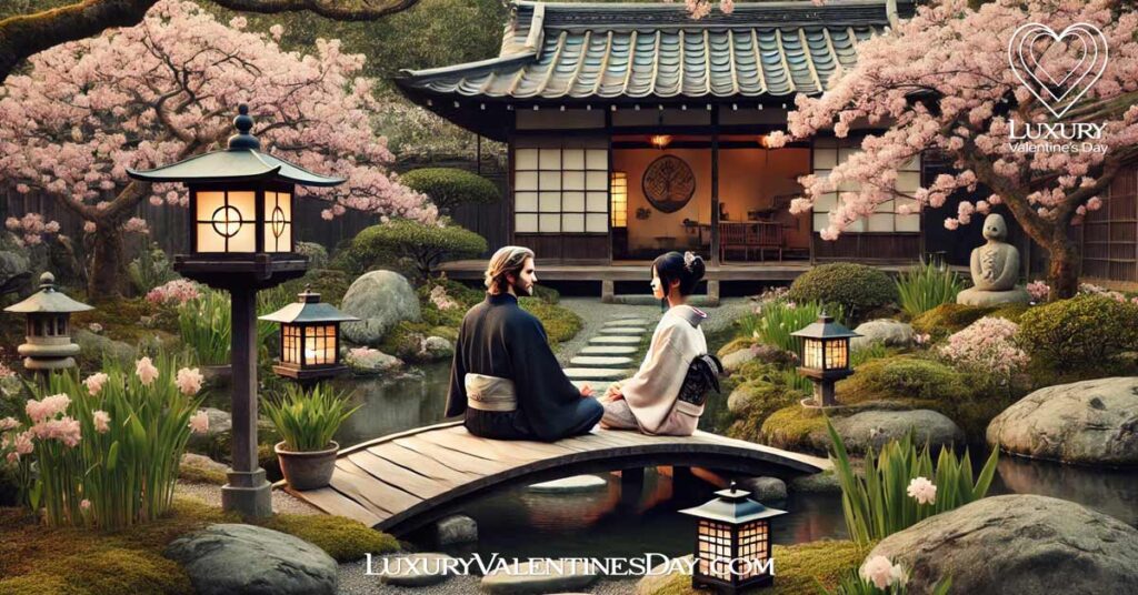 Cultural and Religious Relationship Quotes : Couple sitting in a traditional Japanese tea garden | Luxury Valentine's Day