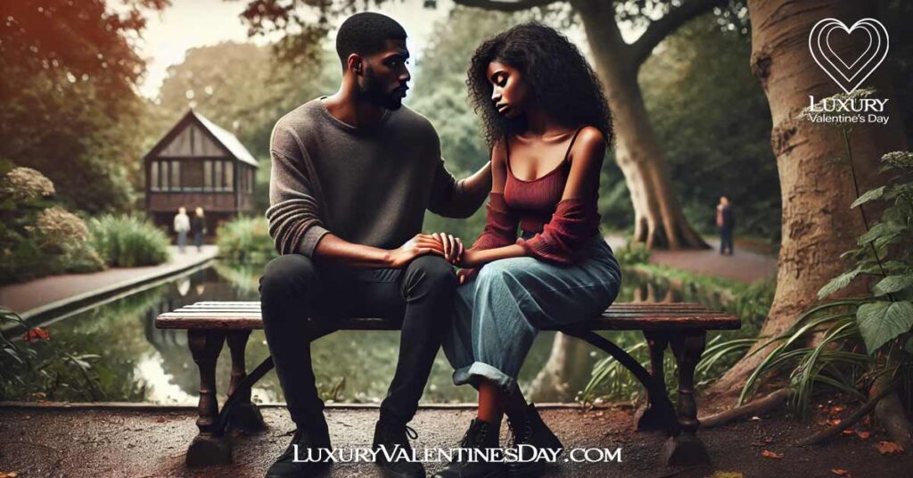 Emotional Tone Relationship Quotes : Black couple sitting on a bench, displaying concern and vulnerability in a park | Luxury Valentine's Day