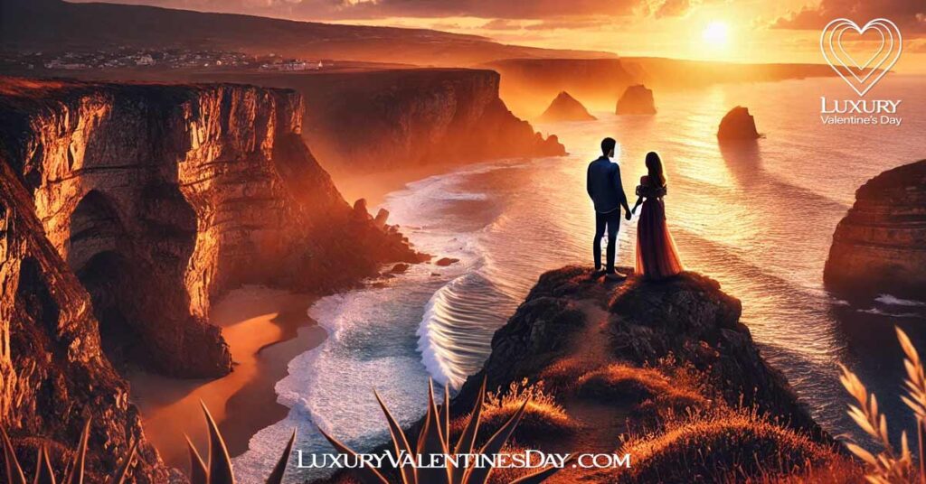 Find Perfect Valentine's Day Destination : Couple standing on a cliff overlooking a stunning coastal view at sunset | Luxury Valentine's Day