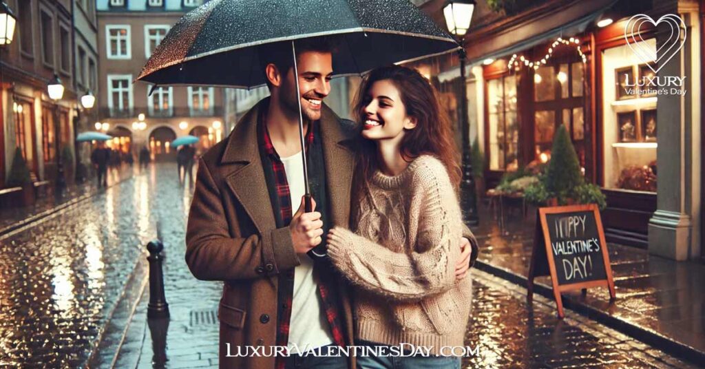 Flexibility and Problem Solving for Valentine's Day : Couple standing under an umbrella in the rain, smiling in a charming urban setting with wet cobblestone streets | Luxury Valentine's Day