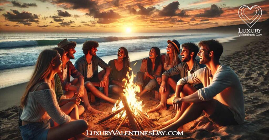 Friendship Relationship Quotes : Group of friends sitting around a campfire on a beach at sunset. | Luxury Valentine's Day