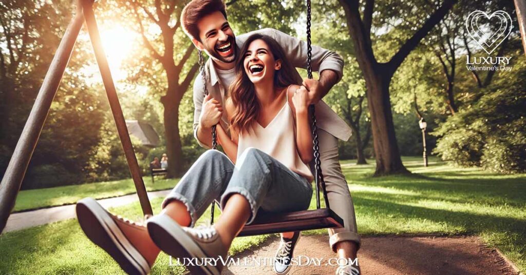 Funny Light hearted or Humorous Quotes About Relationships : Couple playfully pushing each other on a swing in a park | Luxury Valentine's Day