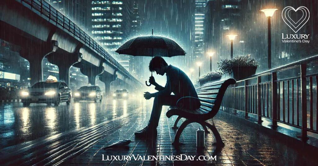 Heart-breaking Relationship Quotes : Person sitting alone on a bench in a rainy city at night. | Luxury Valentine's Day