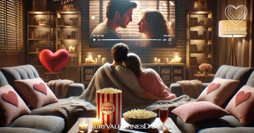 How Media Shaped Valentine's Day US : Couple watching a romantic movie at home on Valentine's Day | Luxury Valentine's Day