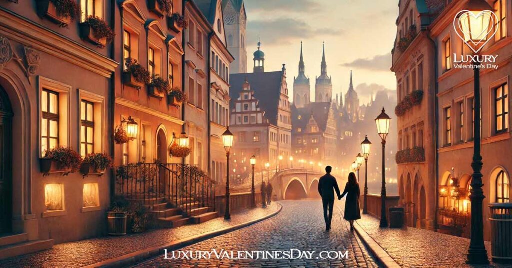 How to Choose Ideal Location for Valentine's Day : Romantic European cityscape at evening with a couple walking on a cobblestone street | Luxury Valentine's Day