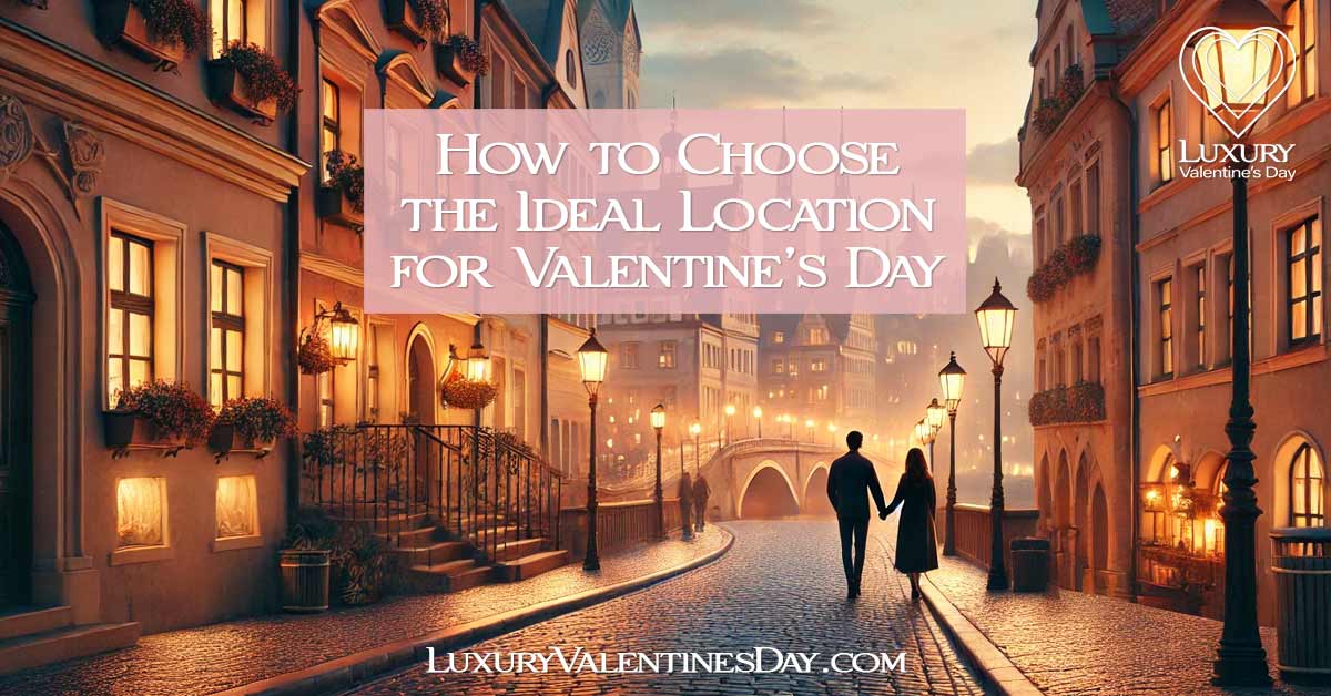 How to Choose Ideal Location for Valentine's Day : Romantic European cityscape at evening with a couple walking on a cobblestone street | Luxury Valentine's Day