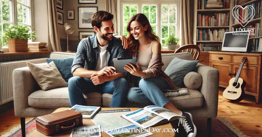 How to Choose Ideal Location for Valentin's Day FAQs : Couple sitting on a sofa at home using a tablet to search for travel information | Luxury Valentine's Day