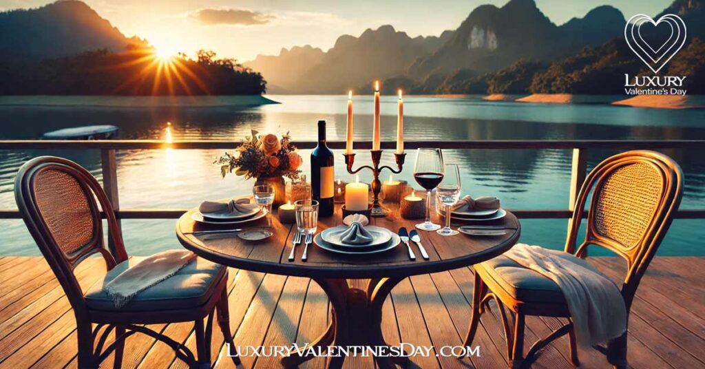 How to Choose the Ideal Location for Valentine's Day : Romantic outdoor dining setup near water with mountains and sunset in the background | Luxury Valentine's Day