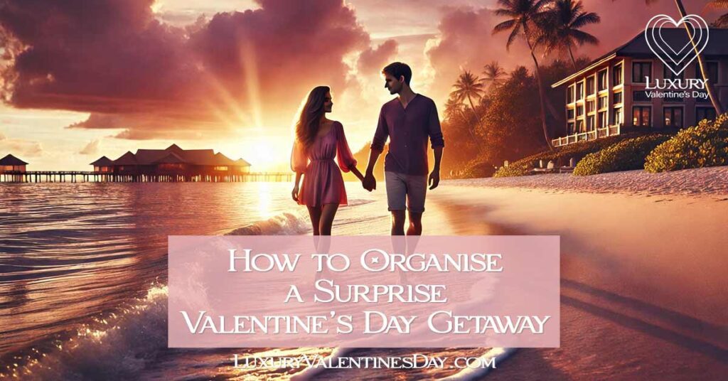 How to Organize a Surprise Valentine's Day Getaway : Couple walking hand in hand on a beach at sunset during a romantic Valentine's Day getaway | Luxury Valentine's Day