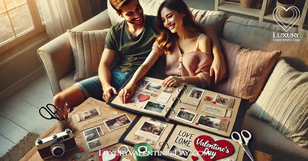 How to Personalize Your Valentine's Day : Couple creating a personalised Valentine's Day scrapbook with photos and notes on a comfortable sofa | Luxury Valentine's Day