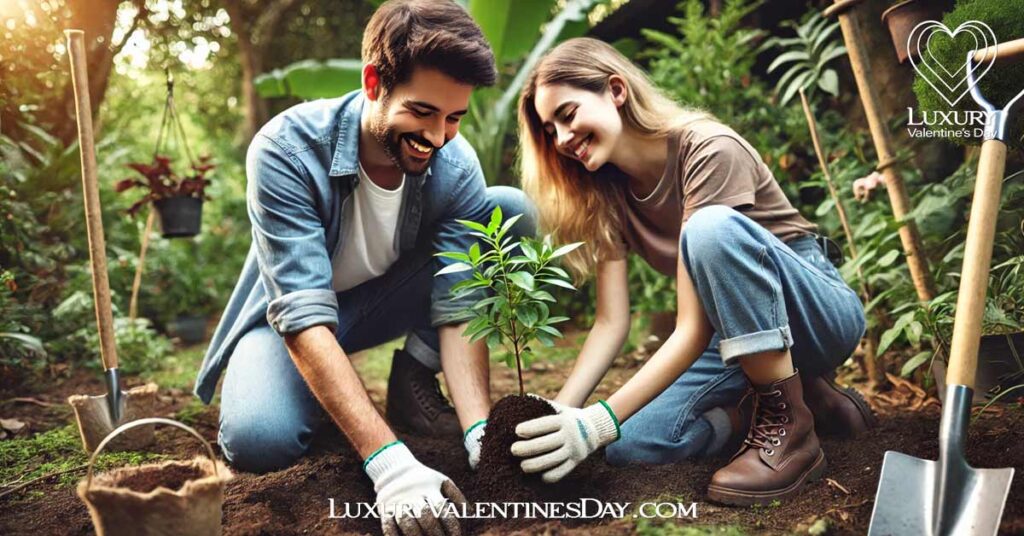 How to Plan a Sustainable and Eco-Friendly Valentine's Day : Couple planting a small tree together in a garden to celebrate a sustainable Valentine's Day | Luxury Valentine's Day