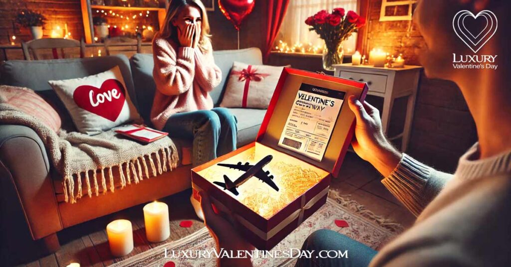 How to Reveal the Valentines Surprise : Person revealing a surprise Valentine's Day getaway by handing over a gift box with a plane ticket inside | Luxury Valentine's Day