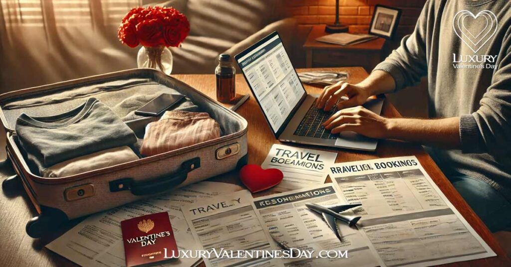 Last-Minute Tips for a Smooth Valentines Getaway : Person double-checking travel bookings with a laptop, itinerary, and packed suitcase ready for a Valentine's Day getaway | Luxury Valentine's Day