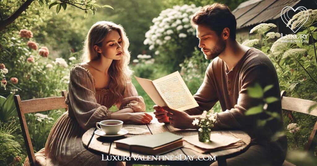 Long Relationship Quotes LDR : Couple sharing a reflective moment in a garden while reading a letter | Luxury Valentine's Day