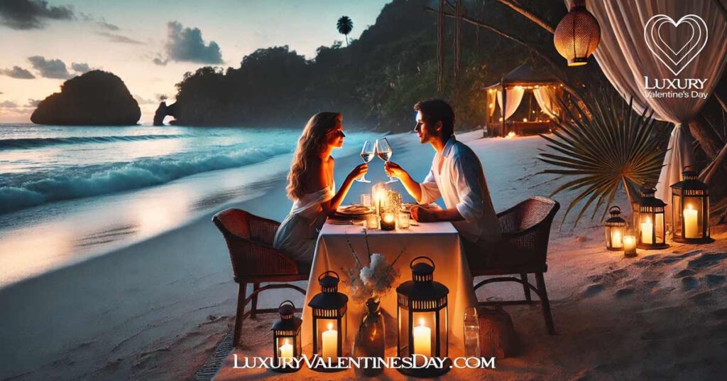 Making Valentine's Day Unique and Special : Couple enjoying a private dining experience at a secluded beach with soft lighting and waves in the background | Luxury Valentine's Day