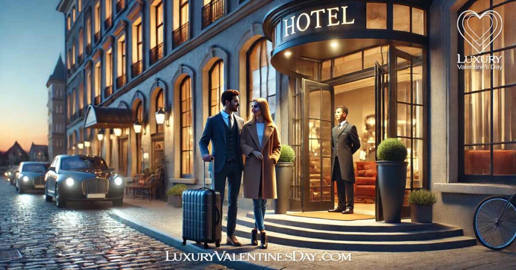 Making Your Valentine's Day Stress Free : Couple arriving at a charming hotel entrance in a picturesque city for a Valentine’s Day getaway | Luxury Valentine's Day