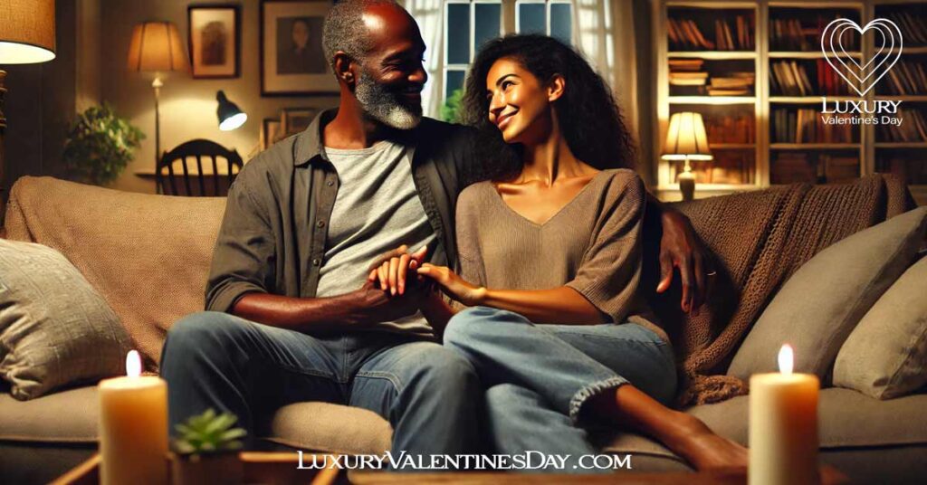 Mature Relationships Quotes : Black man and mixed-race woman sitting together on a sofa, holding hands | Luxury Valentine's Day