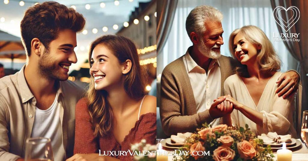 Navigating the Journey of Love : Split screen showing a young couple on their first date at a cozy outdoor café and an older couple celebrating their wedding anniversary with a quiet dinner at home | Luxury Valentine's Day