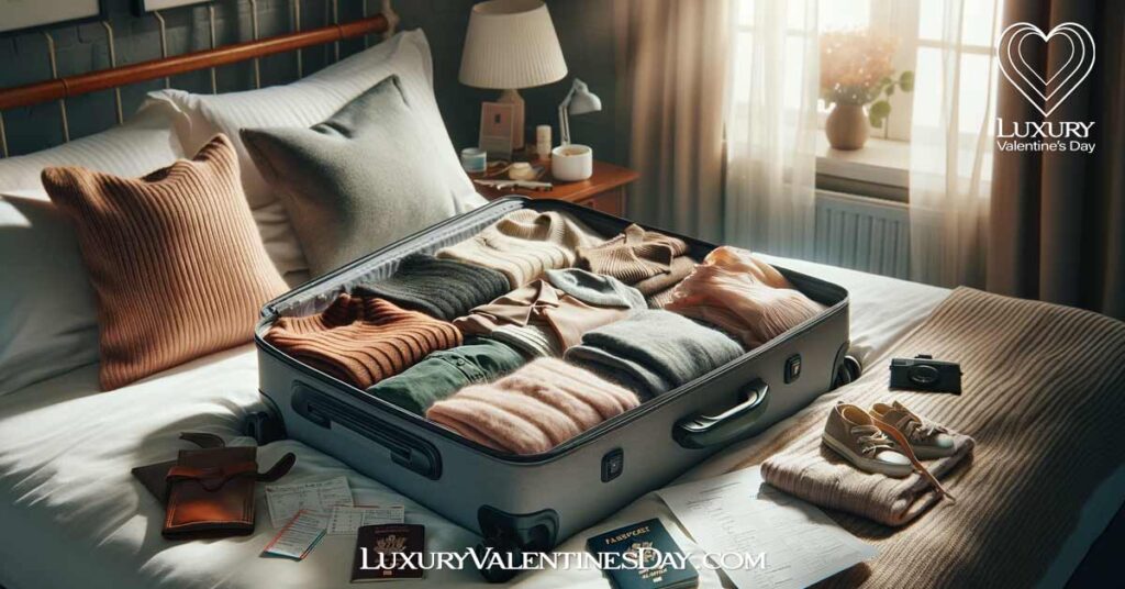 Packing and Preparation for Valentines Trip : Open suitcase with a variety of clothes, passport, and travel documents laid out for a Valentine's Day getaway | Luxury Valentine's Day