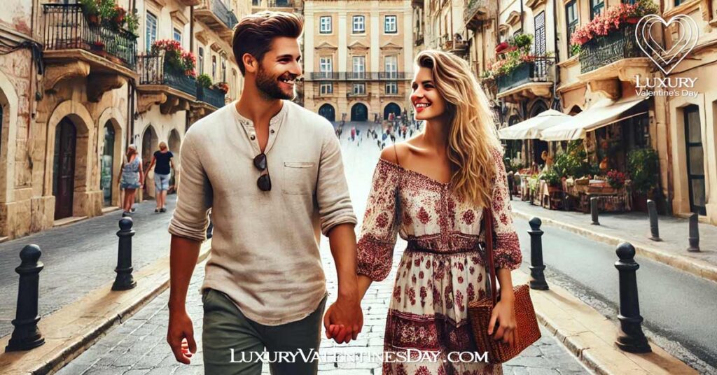 Quotes Reflecting Cultural Views on Relationships : Couple walking hand in hand through a European city | Luxury Valentine's Day