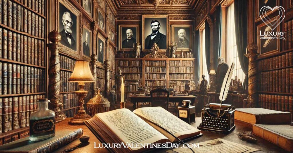 Relationship Quotes from Notable Figures in History : Grand study with antique books and portraits of historical figures | Luxury Valentine's Day