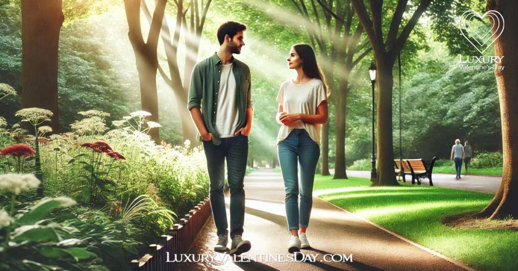 Quotes on Role of Communication in Relationships : Couple walking and talking through a lush green park | Luxury Valentine's Day