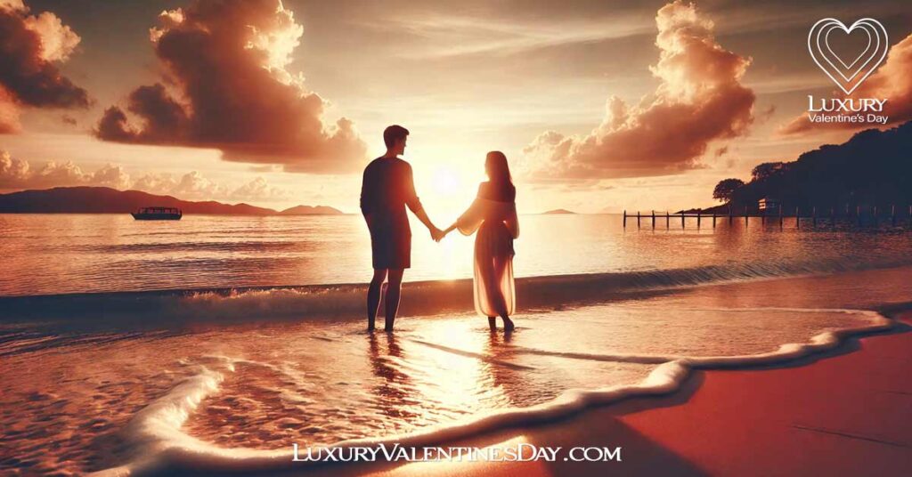 Relationship Quotes : A couple holding hands on a beach at sunset, silhouetted by a glowing sky | Luxury Valentine's Day