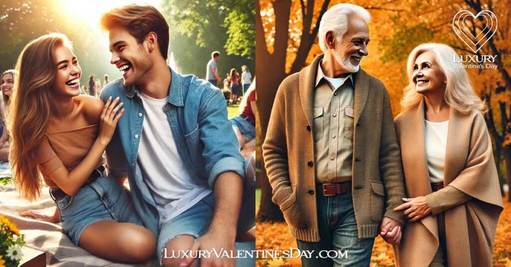 Relationship Quotes By Age Group : Split screen showing a young couple on the left and an older couple on the right | Luxury Valentine's Day