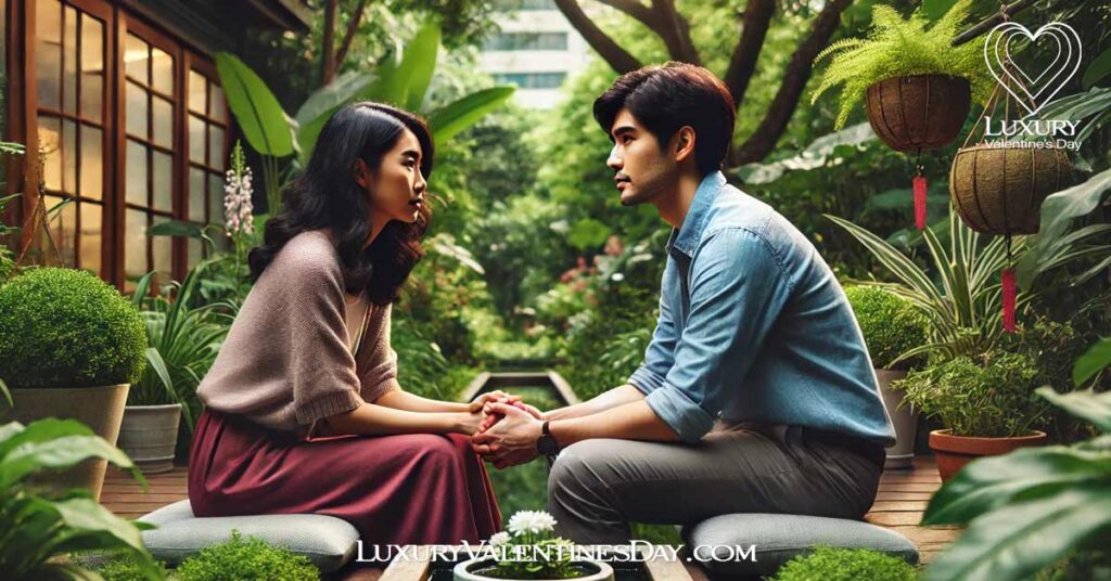 Relationship Quotes By Purpose : Asian couple sitting together in a peaceful garden, deep in conversation | Luxury Valentine's Day