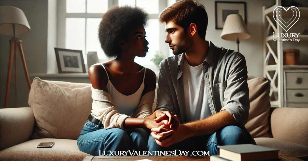 Relationship Quotes Emphasizing the Importance of Trust : Black woman and white man holding hands on a sofa, sharing a moment of trust. | Luxury Valentine's Day