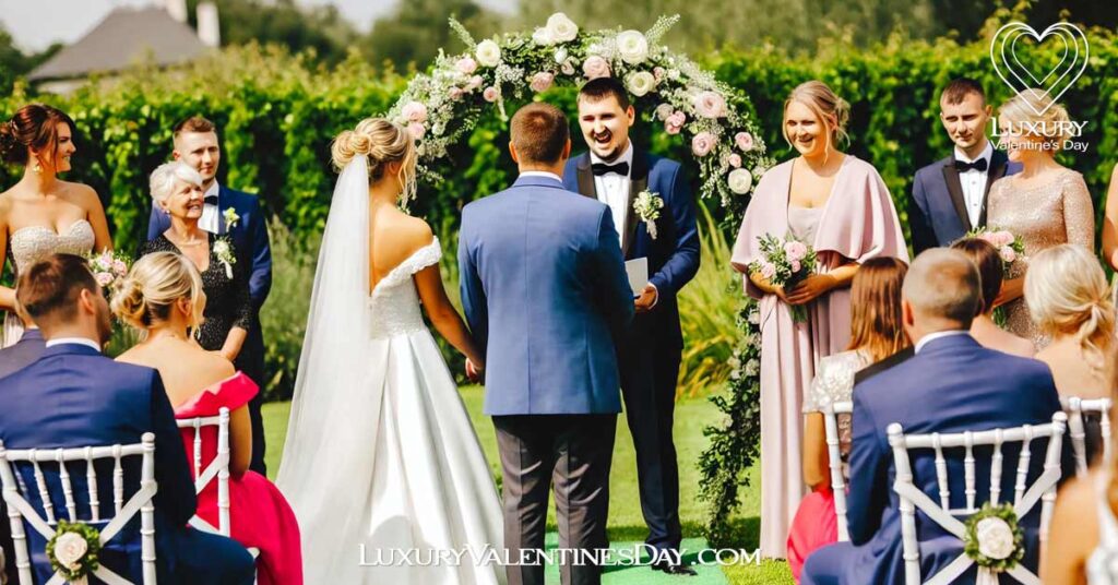 Relationship Quotes Suitable for Weddings or Engagements : Bride and groom holding hands under a floral arch during their wedding ceremony | Luxury Valentine's Day