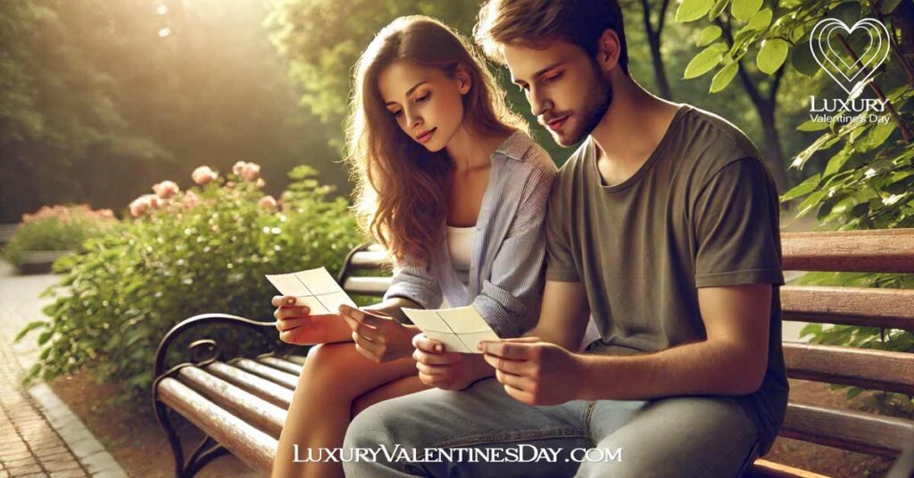 Relationship Quotes to Match the Moment : Couple reading notes together on a park bench | Luxury Valentine's Day