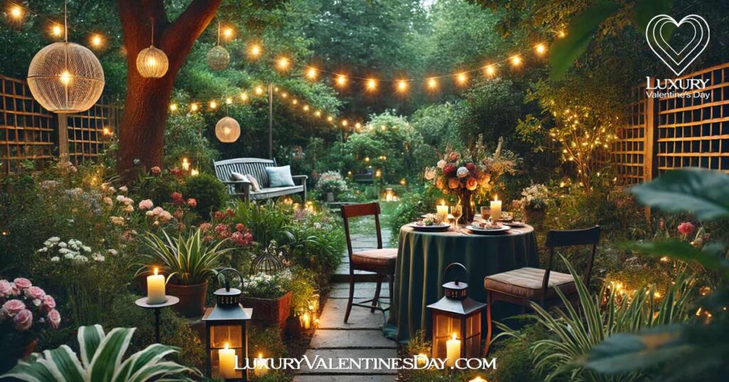 Setting the Right Mood for Valentine's Day : Outdoor Valentine's Day dinner in a twilight garden with string lights | Luxury Valentine's Day