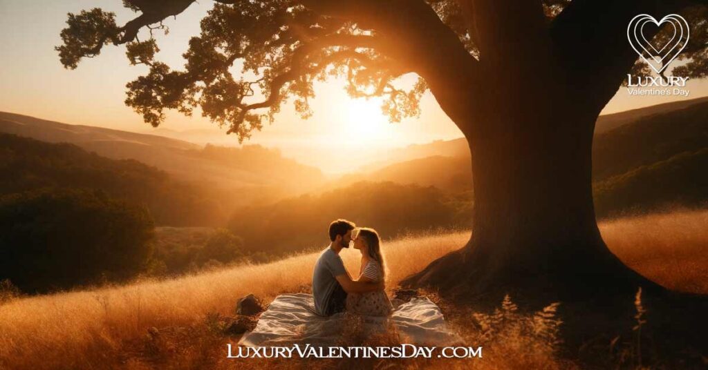 Themes of Love and Relationships Quotes : Couple sharing an intimate moment under a large oak tree at sunset. | Luxury Valentine's Day