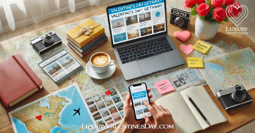 Tools and Tips to Make Your Valentine's Day Planning Easier : Person planning a Valentine's Day getaway with a laptop, travel app, guidebooks, and maps on a desk | Luxury Valentine's Day