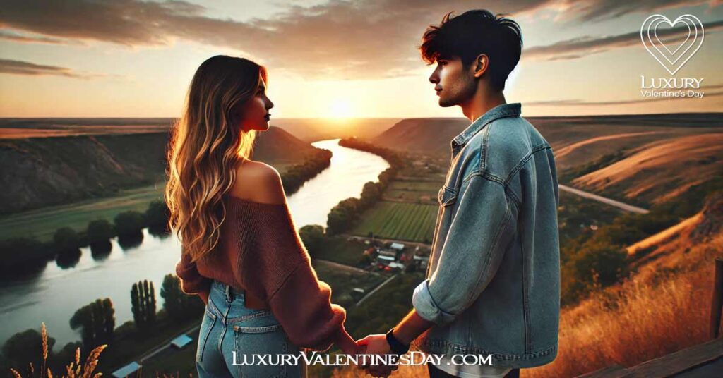 Trust and Loyalty Relationship Quotes : Mixed-race couple holding hands on a scenic overlook at sunset | Luxury Valentine's Day