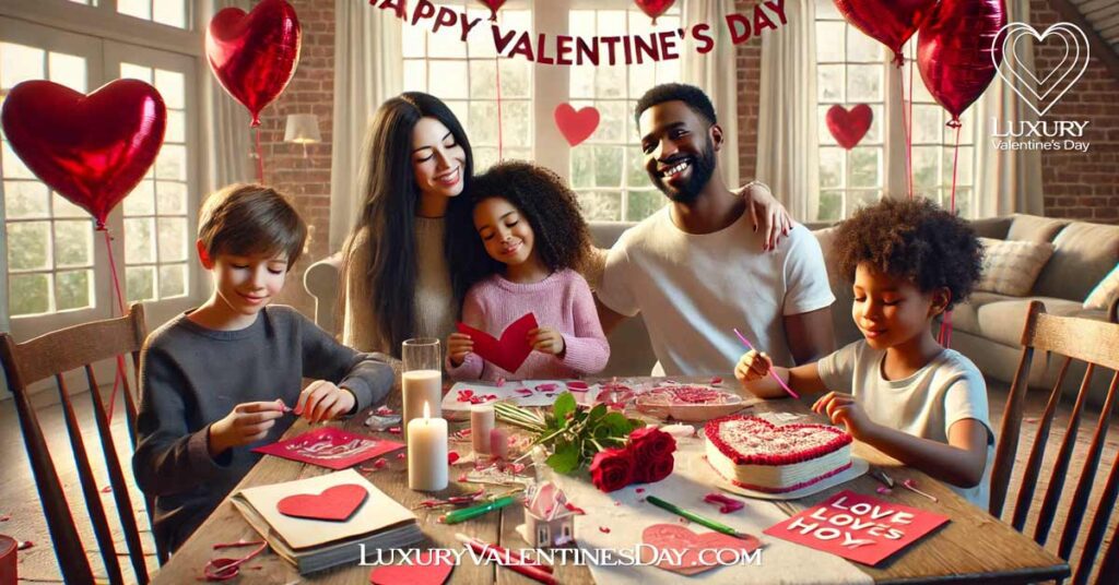 Valentines Day Celebration in the USA : Mixed-race family celebrating Valentine's Day at home with crafts and decorations | Luxury Valentine's Day