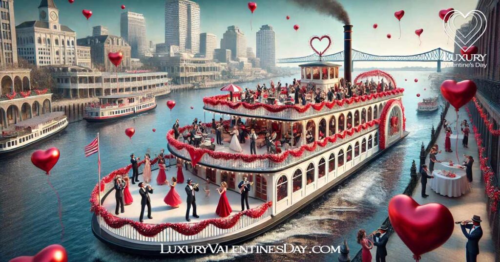 Valentine's Day Traditions Across the US : Valentine's Day riverboat cruise in New Orleans with couples dancing and a live jazz band| Luxury Valentine's Day