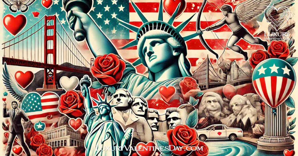 Valentine's Day in US : American landmarks and Valentine's Day symbols collage | Luxury Valentine's Day