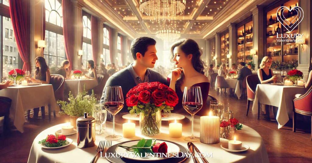 What to Do on Valentine's Day in USA : Couple enjoying a romantic dinner at a fancy restaurant on Valentine's Day in the US | Luxury Valentine's Day