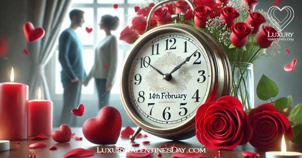 When is Valentine's Day in America : Clock showing February 14th with romantic elements like red roses and hearts | Luxury Valentine's Day