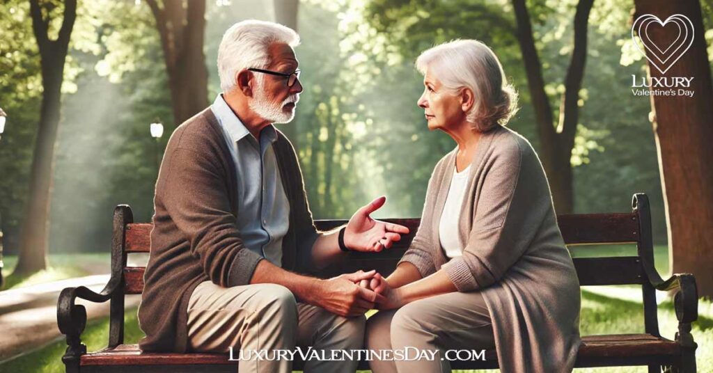 Wisdom Quotes in Relationships : Elderly couple sitting on a park bench engaged in deep conversation | Luxury Valentine's Day