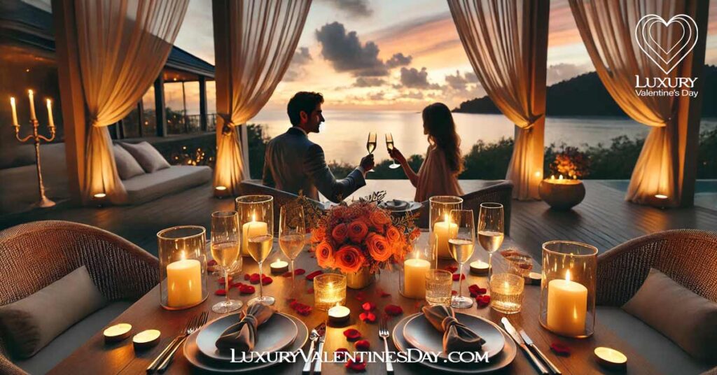 Crafting a Luxuary Valentine's Day to Remember : Romantic Valentine's Day dinner setup by the ocean at sunset | Luxury Valentine's Day