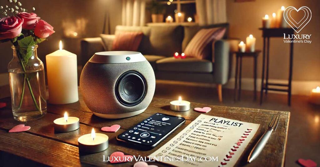 Create a Custom Playlist for Your Valentine's Day : Living room with a music speaker and handwritten Valentine's Day playlist | Luxury Valentine's Day