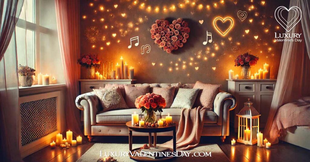 Creating a Meaningful Atmosphere on Valentine's Day : Cozy living room decorated for Valentine's Day with candles and fairy lights | Luxury Valentine's Day