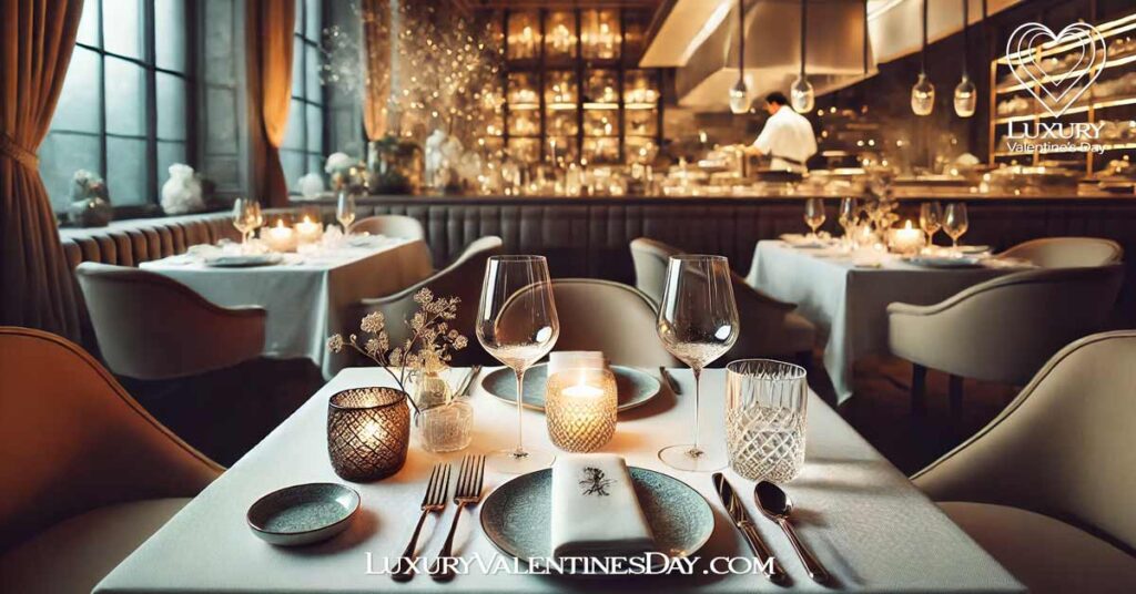 Curating a Luxury Gourmet Valentines Dining Experience : Elegant table for two in a Michelin-starred restaurant with gourmet dishes | Luxury Valentine's Day