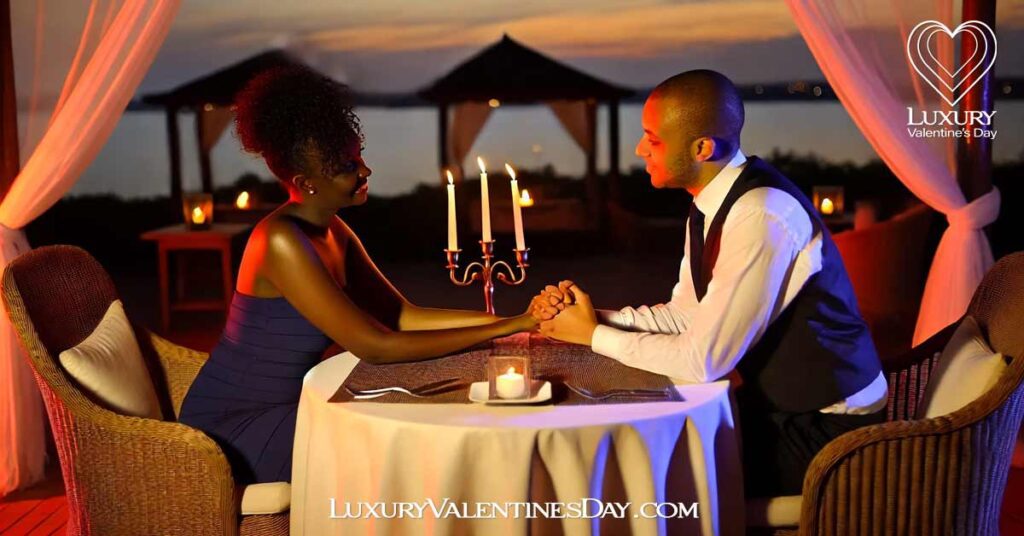 Cute Dating Anniversary Quotes : Black couple celebrating their anniversary at an outdoor restaurant | Luxury Valentine's Day