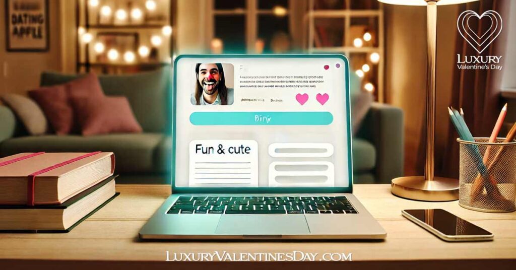 Cute Dating Profile Quotes : Laptop displaying a fun dating app profile in a cozy living room | Luxury Valentine's Day